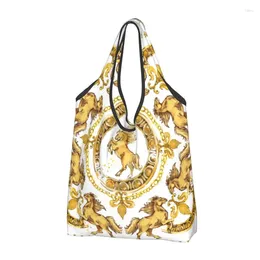 Storage Bags Luxury Golden Horses European Floral Groceries Tote Shopping Women Cute Shoulder Shopper Bag Large Capacity Handbags