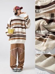Men's Sweaters Japanese Style Striped Round Neck Sweater Fall And Winter Color Splicing Trend Couple Loose Knit Outerwear