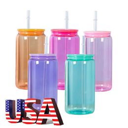 Mugs USA Warehouse 25/50Packs 16oz Jelly Beer Juice Glass Tumbler Transparents Coloured Sublimation Glass Can with Plastic Lid 240410