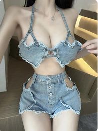 Women's Tracksuits Sexy Shorts Set Cowboy Love Tank Tops Blue Passionate Tempting Denim V Neck Sweet Korean Women 2024 V7IQ