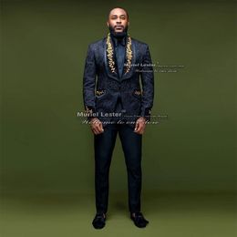 Men Black 2Pc Suits Custom Made Single Breasted Gold Embroidered Jacket Wedding Tuxedo Groomsmen Party Coat Pants Designer Last
