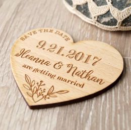 Customised hearts Bride Groom names wooden Wedding Save the Date Magnets engagement party Favours company gifts