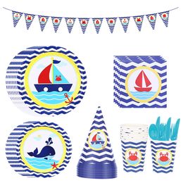 8pcs Nautical Theme Tableware Kid Birthday Party Decor Marine Boat Paper Plate Cup Tablecloth Gift Bag Sailboat Party Supplies