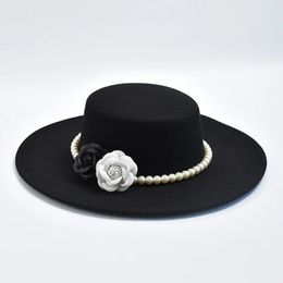 French Style Fedora Hat for Women 10CM Wide Brim Flat Top Felt Winter Autumn Derby Wedding Jazz Hats 240410