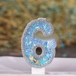 1PC Number Candles Blue Sea Shell Glitter Cake Topper Birthday Wedding Digital Cakes Dessert Decor Birthday Decor