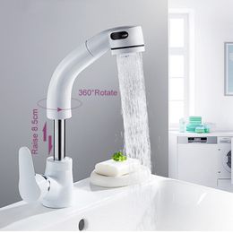 Onyzpily Black White Basin Faucet Bathroom Pull Out Lift Brass Mixer Tap Hot & Cold Water 360 Rotate Bathroom Faucet