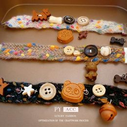 Knitted Button Teddy Bear Bell Bracelet with Yarn, Cartoon Cute Design, Korean Fashion New Handmade Jewellery for Women