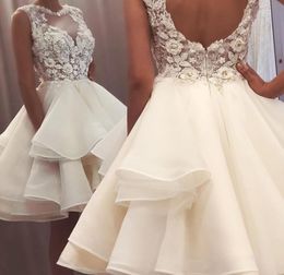 2021 New Lovely Short Lace Sleeveless Bridal Wedding Dresses Knee Length Illusion O Neck Wedding Gowns for Bride Cut Out Back2968514