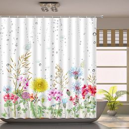 Floral Shower Curtain Set with Hooks Polyester Fabric Bathroom Curtain Watercolour Flower Shower Curtains Decorative Bath Curtain