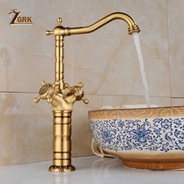 ZGRK Basin Faucets Antique Brass Bathroom Faucet Basin Carving Tap Rotate Double Handle Hot and Cold Water Mixer Taps