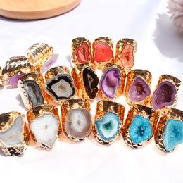 Agate Geode Charm Ring Women Natural Stone Gold Plated Cuff Adjustable Knuckle Ring Raw Crystal Rings