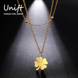Pendant Necklaces Unift 4 Four Leaf Clover Necklace Women Stainless Steel Snake Chain Necklace Choker Korean Fashion Lucky Birthday Jewelry Gift 240410
