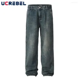 Men's Jeans Splash Ink Washed Distressed Mens High Street Loose Straight Wide Leg Ripped Denim Pants Men