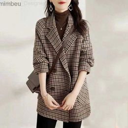 Women's Suits Blazers Woolen Coat Vintage Houndstooth Blazer Women Fall Fashion Korean Slim Plaid Suit Loose Luxury Design Double Breasted Jacket C240410