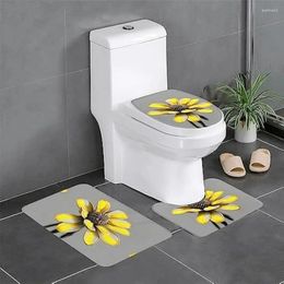 Bath Mats Yellow Gray Flower 3 Piece Bathroom Rug Set Contour Mat & Lid Cover Non-Slip With Rubber Backing Bedroom Floor