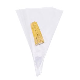 50Pcs S/M/L Transparent Cone Bags Clear Cello Plastic Gift Bags Sweets Treat Bags Gold Twist Ties Seal Pouches Party Supplies