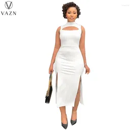 Casual Dresses VAZN 2024 Arrival White Sexy Club Young Hollow Out Turtleneck Tank Sleeve High Waist Women Long Pencil Spit Dress