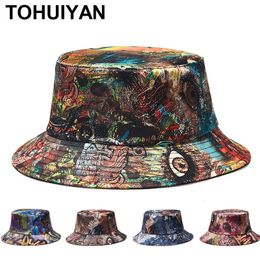 Graffiti Printed Bucket Hat for Women Foldable Bob Cap Summer Autumn Beach Sun Hats Men Reversible Fisherman Caps Headwear240410