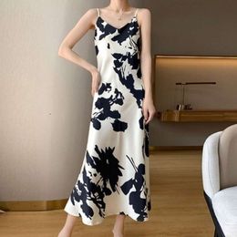 Designerurban Sexy Dresses French Style Floral Acetic Acid Satin Suspender Bottom Dress Womens Silk Printed Temperament Ladies Sleeveless Mid Length Skirt