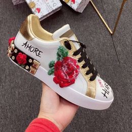 2024 Early Spring New Cowhide Low Top Round Head Lace Up Thick Sole Graffiti Personalized Women's Cool Rose Casual Shoes