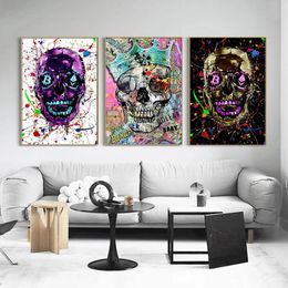 Abstract Colourful Skulls with Crown Canvas Paintings Graffiti Posters Print Wall Art Pictures for Living Room Wall Decor Cuadros