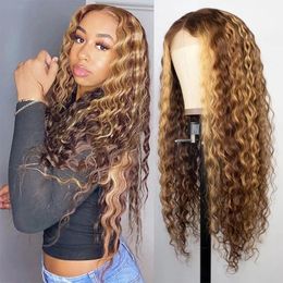 Highlight Wig Brown Colored Human Hair Wigs for Women Ombre Deep Wave Frontal Wig Honey Blonde Curly Lace Front Human Hair Wigs
