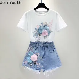 Work Dresses Korean Two Piece Sets Women Clothing Embroidery Short Sleeve White Tshirts High Waist Denim Shorts Outfits Casual Summer Y2k