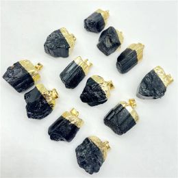 New Natural Gem Stone Black Raw Ore Tourmaline Gilt Irregular Shape Pendant Reiki Healing Energy Jewellery Making Necklace 12pcs