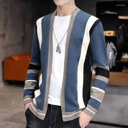 Men's Sweaters Man Clothes No Hoodie Striped Blue Knitted For Men Cardigan Smooth Cotton Old Winter 2024 Trend Fashion Neck Order X S