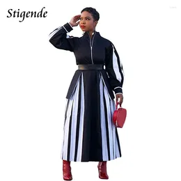 Casual Dresses Stigende Women Black And White Striped Patchwork Dress Full Sleeve Zipper Up Long Elegant Fit Flare Swing A Line 3XL
