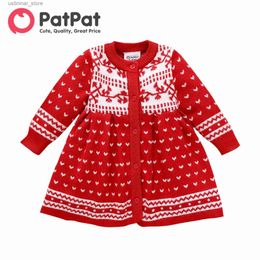 Girl's Dresses Christmas Baby Girl Allover Pattern Red Long-sleeve Button Knitted Sweater Dress L47