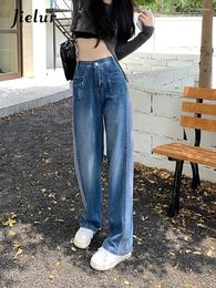 Women's Jeans Chic Casual High Waist Blue Denim Street Washed Buttons Hit Colour Long Pants Female Girl Autumn S-4xl