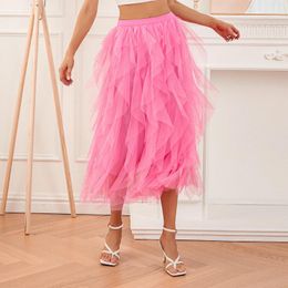 Skirts Women Long Skirt Elegant High Waist Irregular Solid Colour Tulle Summer Sweet For Party Club