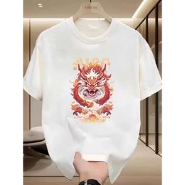 Trendy Brand New Men's Short Sleeved T-shirt Slim Fit Trend Round Neck 2024 Benmingnian Dragon Print Flower Half Sleeved Top