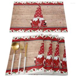 Table Mats 4Pcs Happy Valentines Day Placemat Truck Gnome Wood Grain Striped Printed Heat-Insulated Waterproof Non-Slip Mat