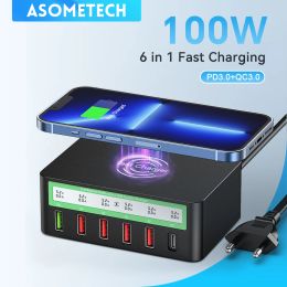 Chargers 100W USB PD QC Charger Adapter Wireless Charger 6 Ports Fast Charging Station for IPhone 14 13 12 Pro Max IPad, Samsung Huawei