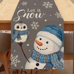 Christmas Snowman Owl Linen Table Runner, Christmas Home Kitchen Table Decoration, Wedding Party Home Dinner Party Accessories