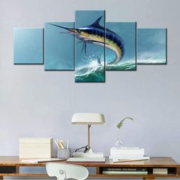 5 Panel Swordfish Contemporary Blue Animal Decals Wild Blue Marlin Pictures Canvas Wall Art Poster HD Print No Framed 5 Pieces