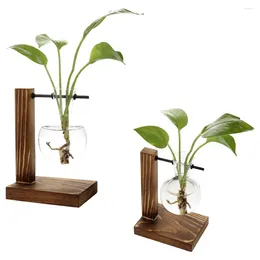 Vases Creative Glass Wood Vase Planter Terrarium Table Desktop Hydroponics Plant Flower Pot Hanging Pots With Wooden Tray Home Decor
