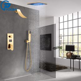 Golden Waterfall Shower Faucet LED Light Shower Set Wall Shower Mixer Digital Temperature Display Concealed Shower Water Tap