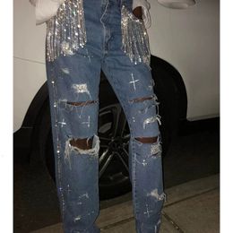 Women Holes Jeans Beading Deion Denim Trousers Plus Size Casual Vintage Jean Ripped Shiny Tassel Hollow Out Spring 240402