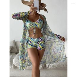 Women's Swimwear 3PCS Tropical High Waist Bikinis Sexy Bikini Set Cover Up Swimsuit Women Long Sleeve BeachWear Bathing Suit Dropshiping