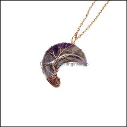 Anhänger Halsketten Anhänger Halsketten Bronze Baum des Lebens Crescent Moon Form Pinkgrün Amethysts Steinkristalldraht Wickel handgefertigt 262W