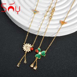 Pendant Necklaces Sunny Jewelry Enamel Pendant Necklace Daisy Ladybug Leaf Clover Insect Plant Tassels Lucky Charm Neck Chain Fashion Accessories 240410