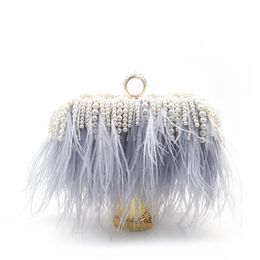 Luxury Feather Pearl Evening Clutch Bags Women 2020 New Elegant Designer beaded Tassel Clip Purse Ladies Shoulder Bag Wedding