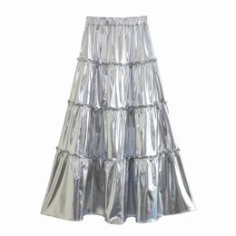 Silver Tiered Metallic Pleated Flowy A-line Skirts High Street Womens High Elastic Waist Cake Midi Skirt for Street Party 240328