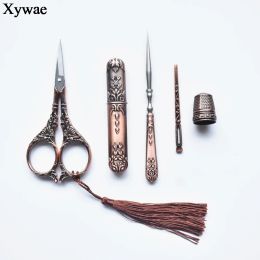 Retro Vintage Scissors Awl Threader Thimble Embroidery Scissors Tailor Craft Fabric Tools for Sewing Supplies Needlework Shears