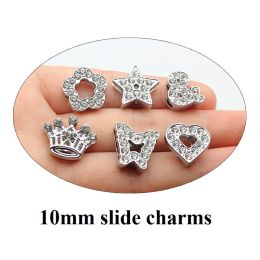 10pcs Clear Rhinestone Sliders Charm Flower Crown Heart Star Butterfly Fit 10mm Wide Pet Collar DIY Necklace Bracelet Key Chains