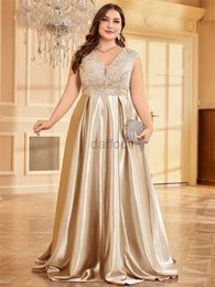 Urban Sexy Dresses Lucyinlove Plus Size Luxury Gold Satin V-Neck Evening Dress Women Satin Wedding Party Prom Floor Lenght Cocktail Dress Gowns 240410