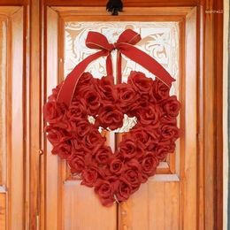 Decorative Flowers Heart Shaped Wreath Floral Rose Garland Door For Home Wedding Valentine'S Day Decoration Red 16 Inches Lite Wreaths